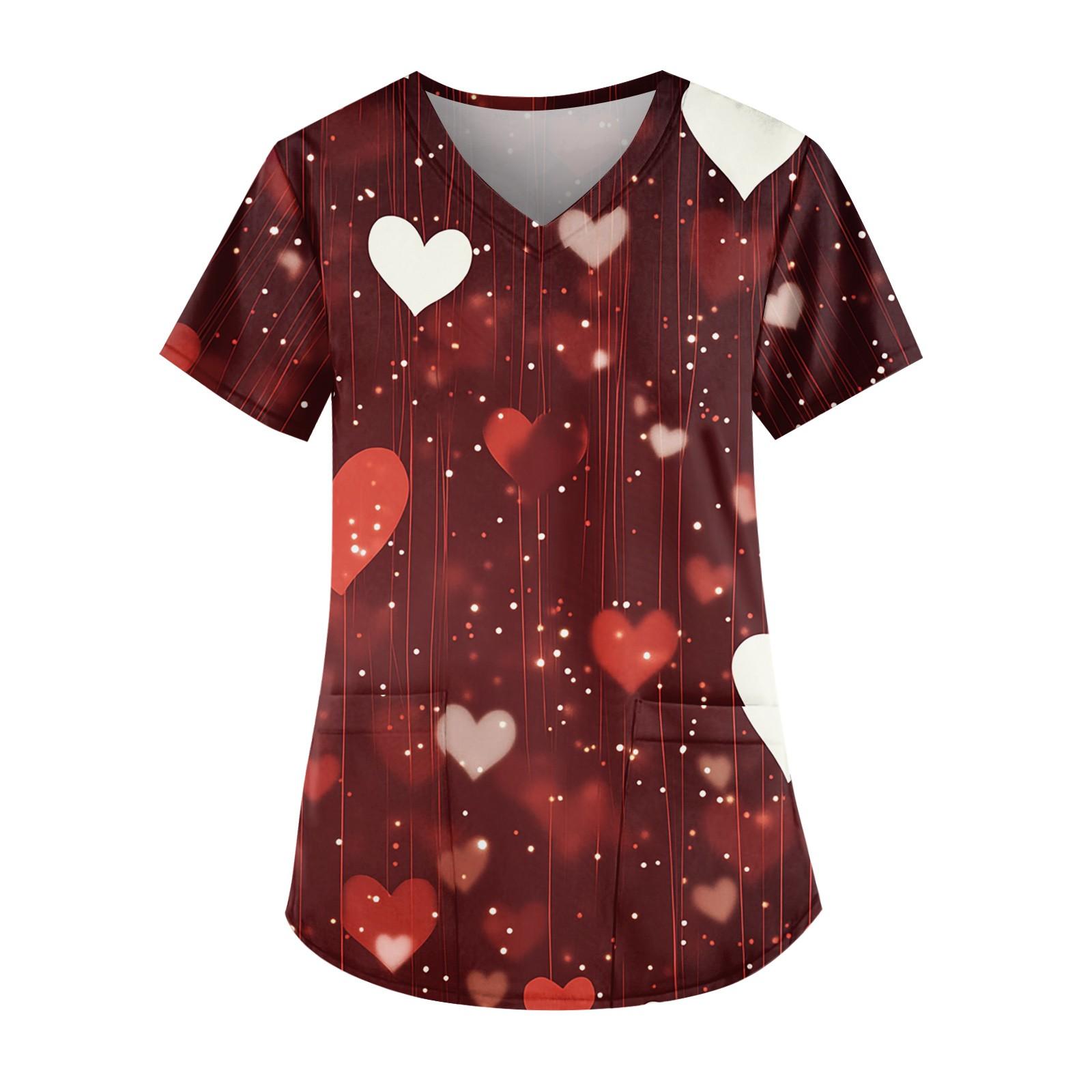 

Женская симпатичная рабочая одежда с принтом, V-образным вырезом, двухслойными карманами, базовым коротким рукавом, пуловером на Рождество XXL винный