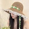 With Garland Big Brimmed Straw Hat Breathable Woven Sun Cap Elegant Vacation Beach Cap  Women