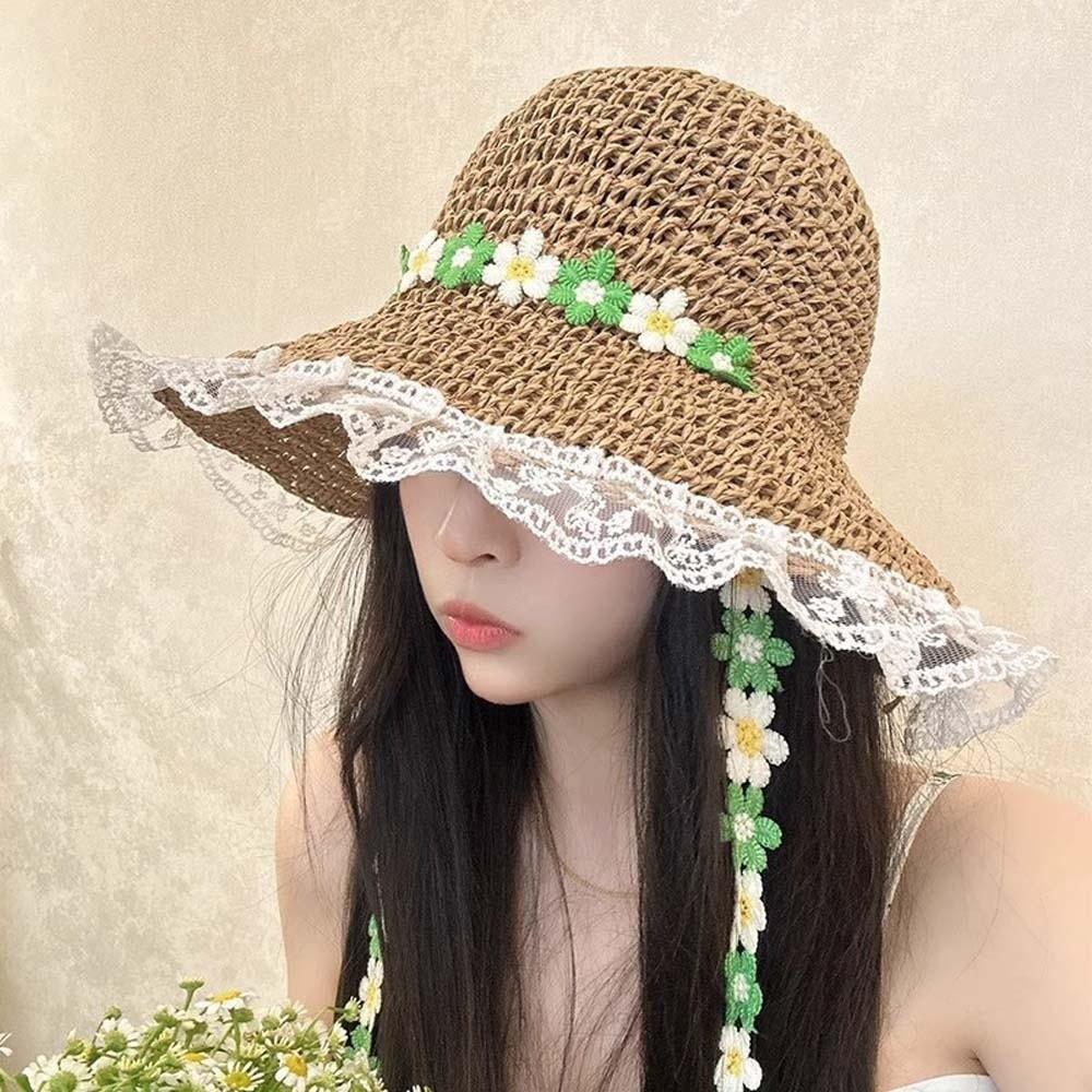 With Garland Big Brimmed Straw Hat Breathable Woven Sun Cap Elegant Vacation Beach Cap  Women