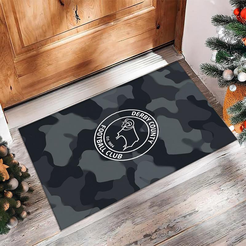 Derby County Football Print Crystal Velvet Rug, Comfortable Water Absorbent Non Slip Indoor Floor Carpet