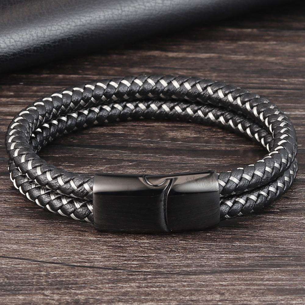 Classic Style Leather With Stainless Steel Stitching Combination Men's Bracelet Black/Steel Buckle Party Accessories Gift