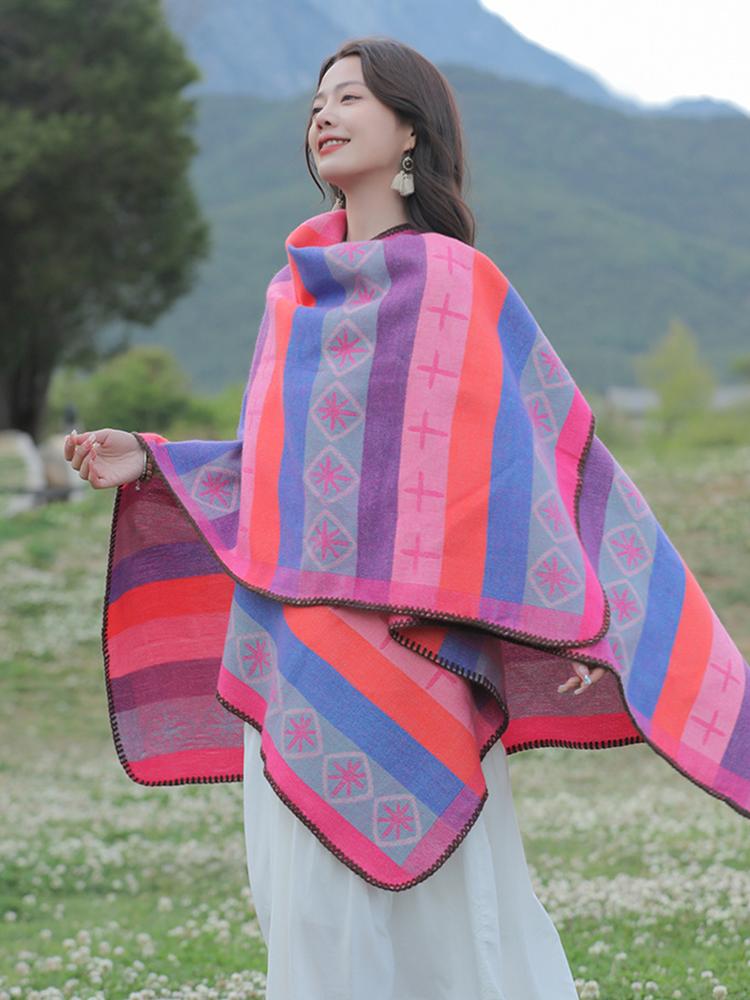 Autumn Winter Preppy Style Scarf Women Layers Poncho Warm Elegant Striped Print Scarve Capa Para Mujer Pashmina Cloak Wrap Shawl