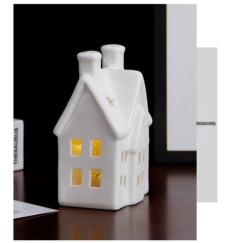 European Ceramic LED Christmas House Ornament: Creative Hollow Candlestick Night Light