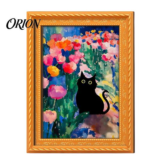 Cat Pattern Magnet Decor Oil Painting Refrigerator Magnet, Wooden Frame Black Decorative Fridge Magnets Theme Retro Rectangle Magnetic Decoration