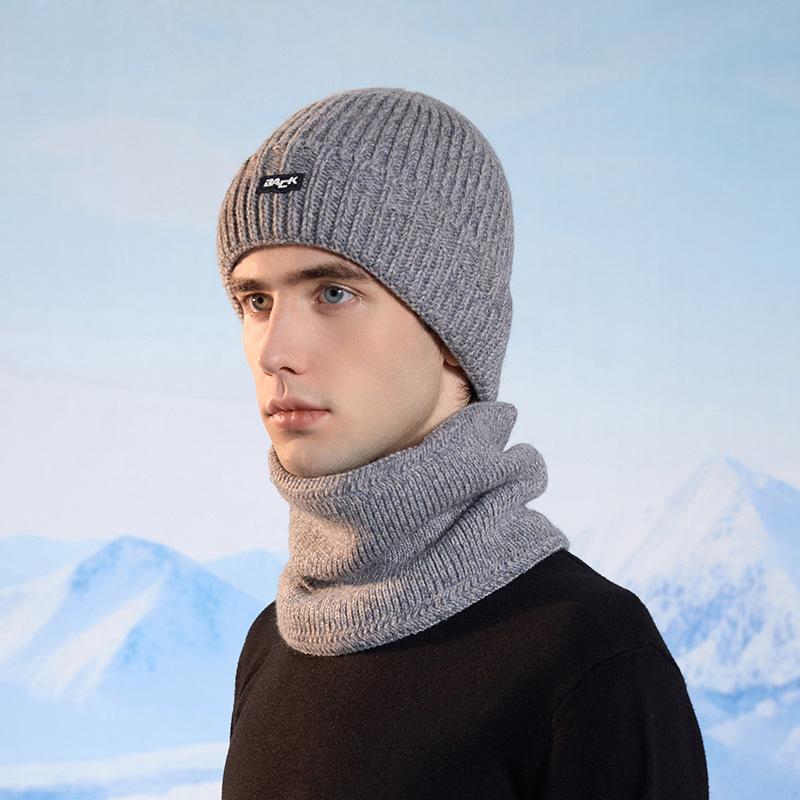 Winter Outdoor Warm Knitted Wool Hat Men's Fleece Cold-Proof Hat Scarf Two-Piece Set Windproof Ear Protection Cap