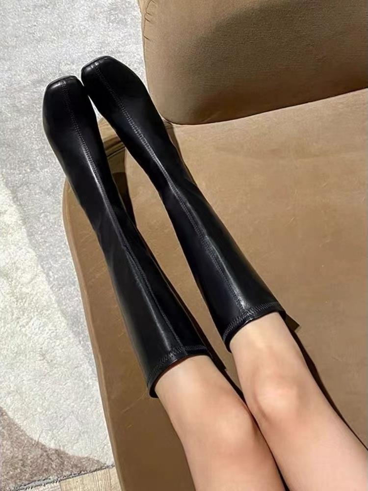 Fashion Spring Autumn Elegant Heeled Square Toe Leather Women's Long Boots Demi-season Gothic Trend 2025 Pu Ladies Knee High Shaft Shoes