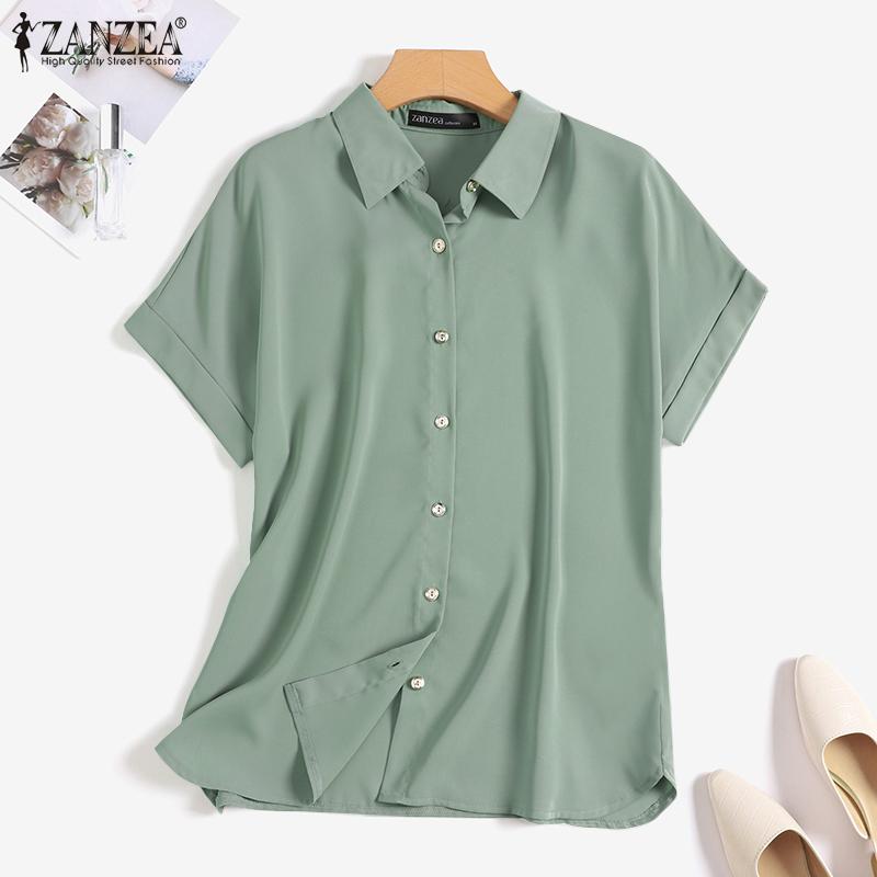 

ZANZEA Лето Повседневный откат воротник с коротким рукавом Блузка Женская одежда
