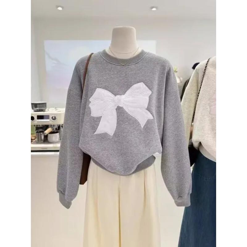 Embroidered Bow Autumn Winter Korean Style Sweet Velvet Thickened Warm Loose Round Neck Pullover Versatile Sweatshirt for Women