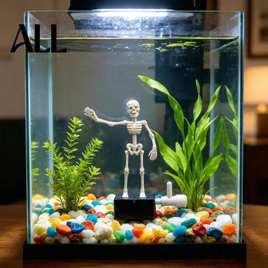 Freshwater Aquarium Landscaping Halloween Dancing Skeleton, Bubble Driven Moving Joints Skeleton Decorations Ornament, Realistic Swing Skull