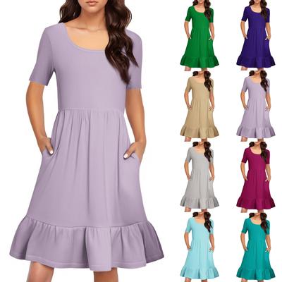 Damen Freizeitkleid mit Rundhalsausschnitt, kurzen Ärmeln, einfarbig, locker in der Taille, mit Falten