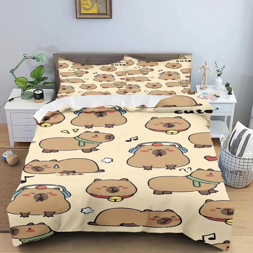 Capybaras Dynetrekk Anime Sengetøy Putetrekk Trykt Generelt Barn og Voksen Sett Queen Size Reaktivt Trykk Dyne