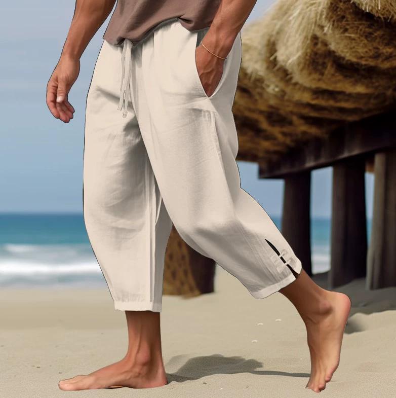 Men's Linen Summer Trousers Beach Pants Solid Color Split Feet Comfortable Breathable Casual Daily Vacation Pants