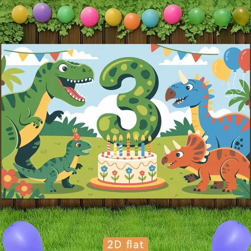 Sfondo per Festa di Compleanno 2D, Decorazioni con Dinosauri e Torta