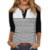 T-shirt imprimé boutonné à manches 3/4 pour femme - Haut basique à col en V - Mode quotidienne - Week-end