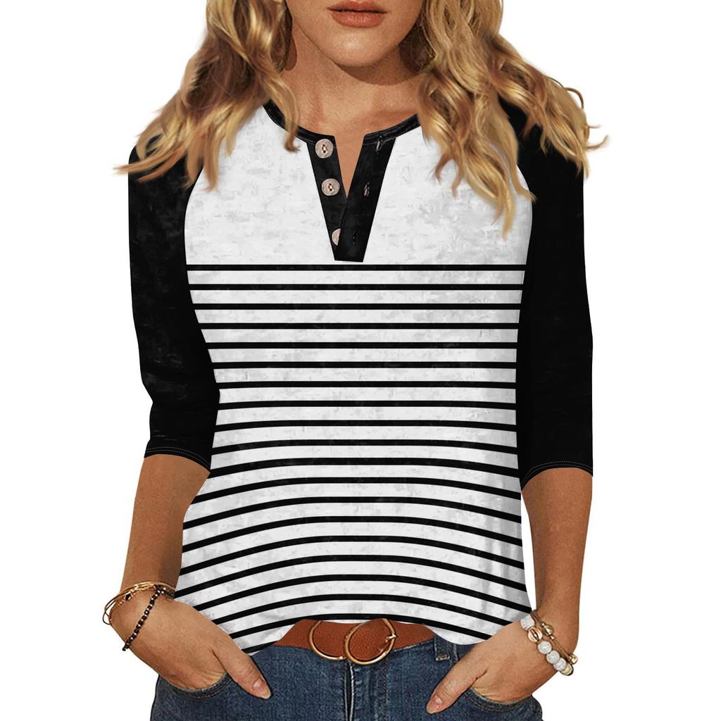 T-shirt imprimé boutonné à manches 3/4 pour femme - Haut basique à col en V - Mode quotidienne - Week-end