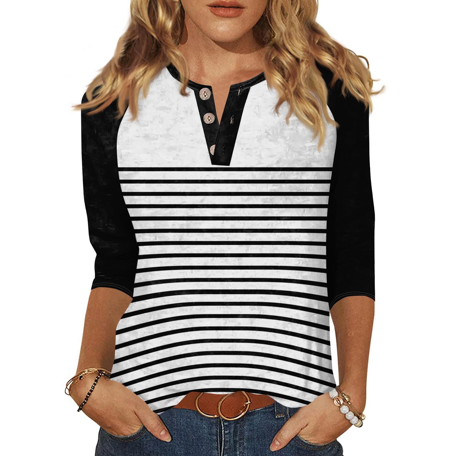 

Жен. Футболка С принтом Пуговицы Рукав 3/4 Повседневные Выходные Мода Классический Классический V-образный вырез Обычный Верх XL белый