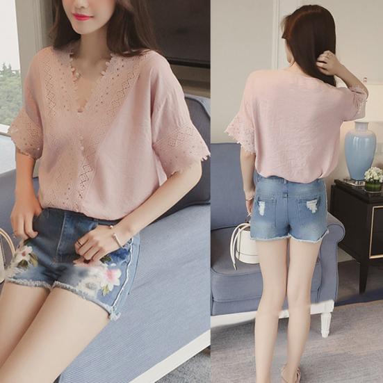 Casual Women Solid Color V Neck Short Sleeve Lace Loose Chiffon T-shirt Blouse