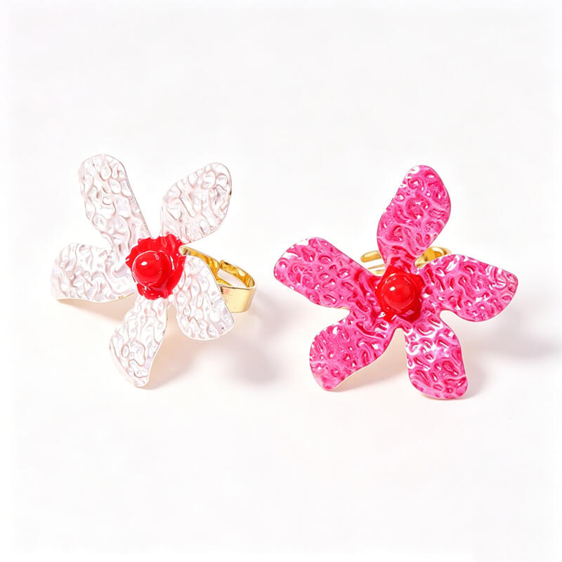 Exaggerated Metal Texture Large Flower Rings for Women Ladies Colorful Drop Oil Adjustable Rings Vacation Jewelry Accessories