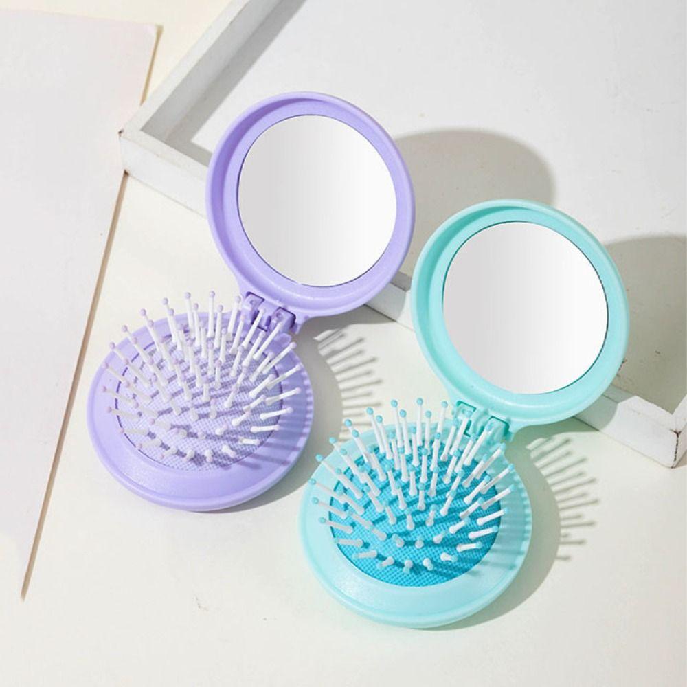 4Pcs Mini Folding Air Bag Comb Dual Use Pocket Hair Brush Makeup Mirror with Comb  Girl Women