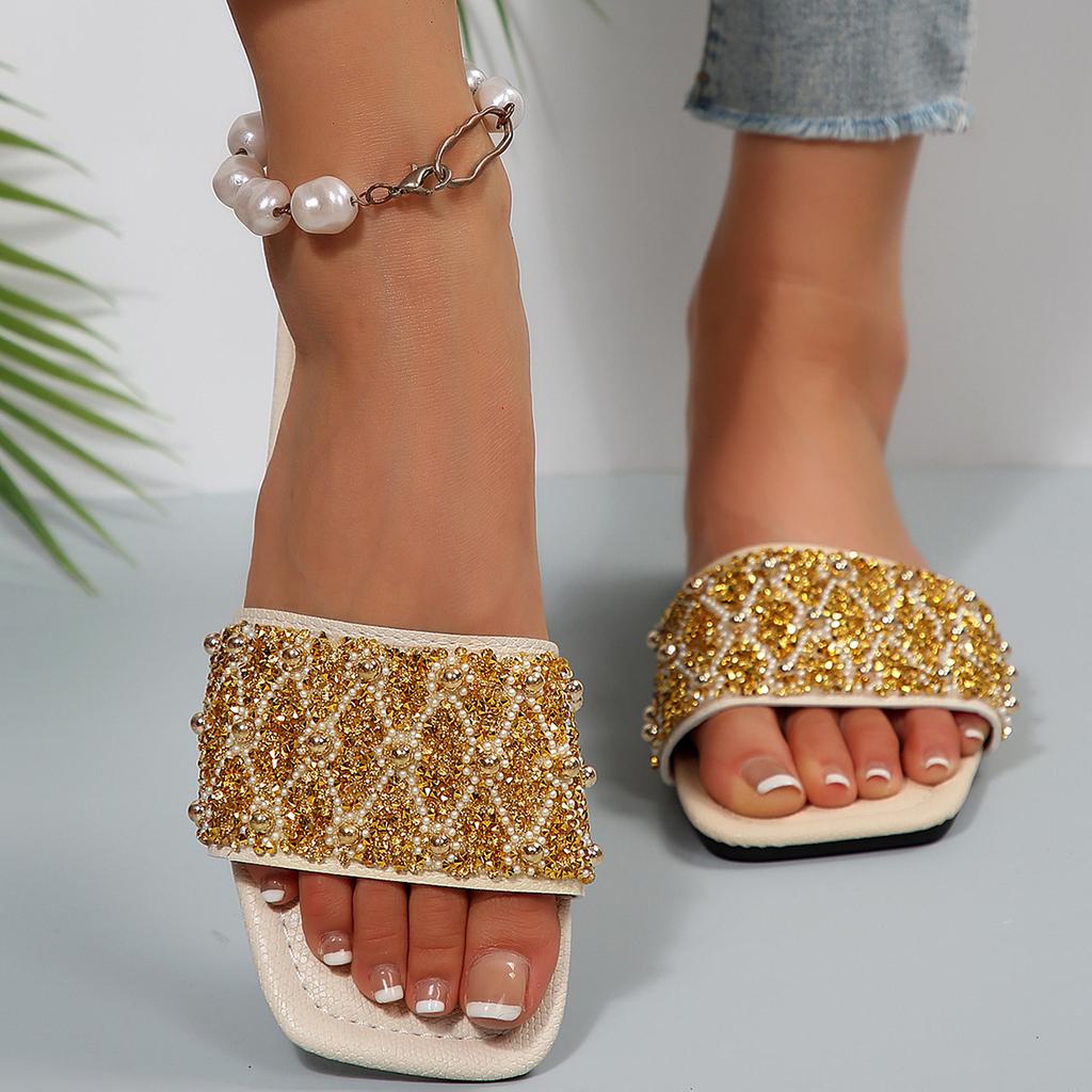 [Foreign trade] Foreign trade flat-bottomed slippers women's pearl rhinestone outer wear square head sandals