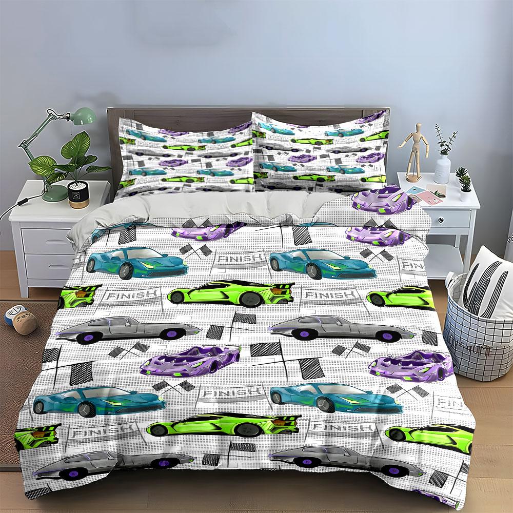 Racing Cars Pattern Design Set  Kid'S And Adults' Bedroom Decor, Exquisite Three-Piece Bedding Set Gift