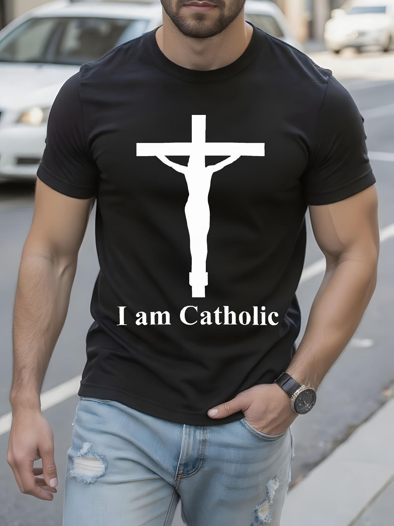 I Am Catholic Religious Tshirt Black with White Cross Text L