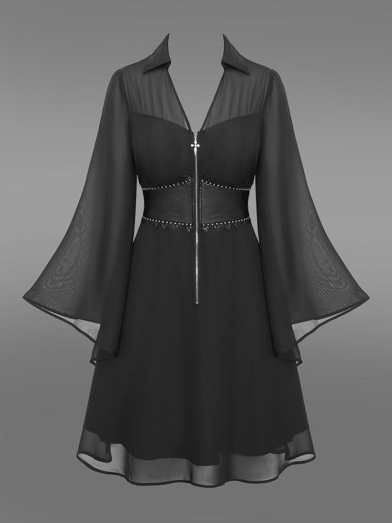 Rosegal Gothic Flare Rukávy Rozepínací límec Kříž Poloviční zip Krajka Trim Vrstvený PU panelový korzet Šifon Pevné šaty A Line