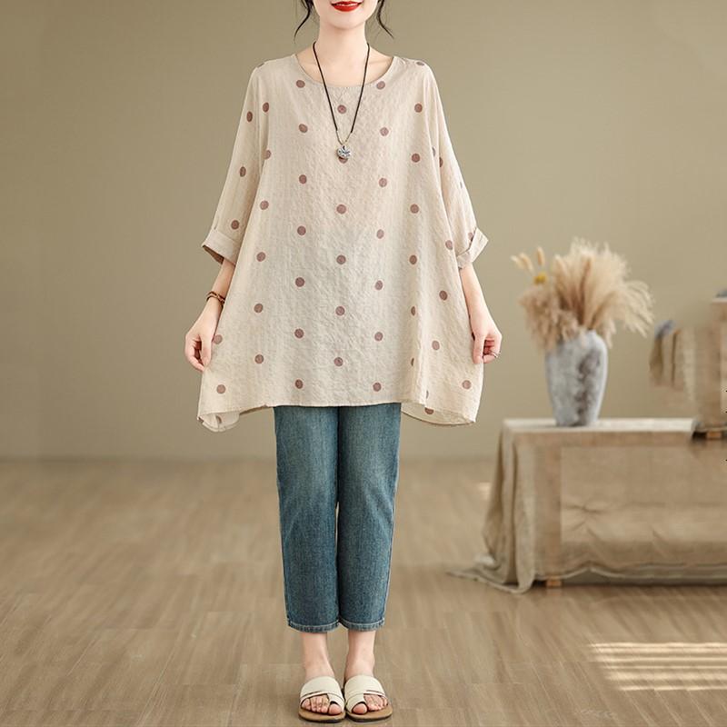 Short Sleeve Plus Size Cotton Vintage Polka Dot Casual Loose Long Tops Women Summer T-shirt