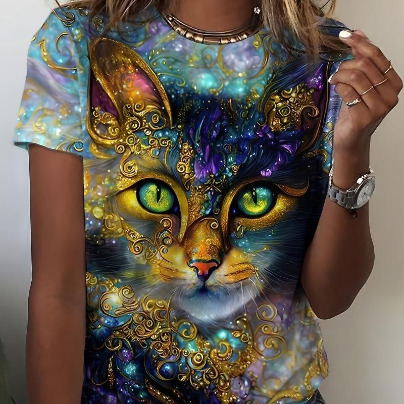 Fashion 3D Digital Printed Cat Pattern Women's Round Neck Short Sleeved T-shirt