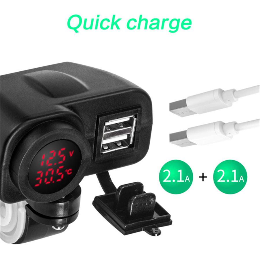 Universal Motorcycle 12v Dual USB 2.1A+2.1A Charger  With Digital Voltmeter LED Display Thermometer