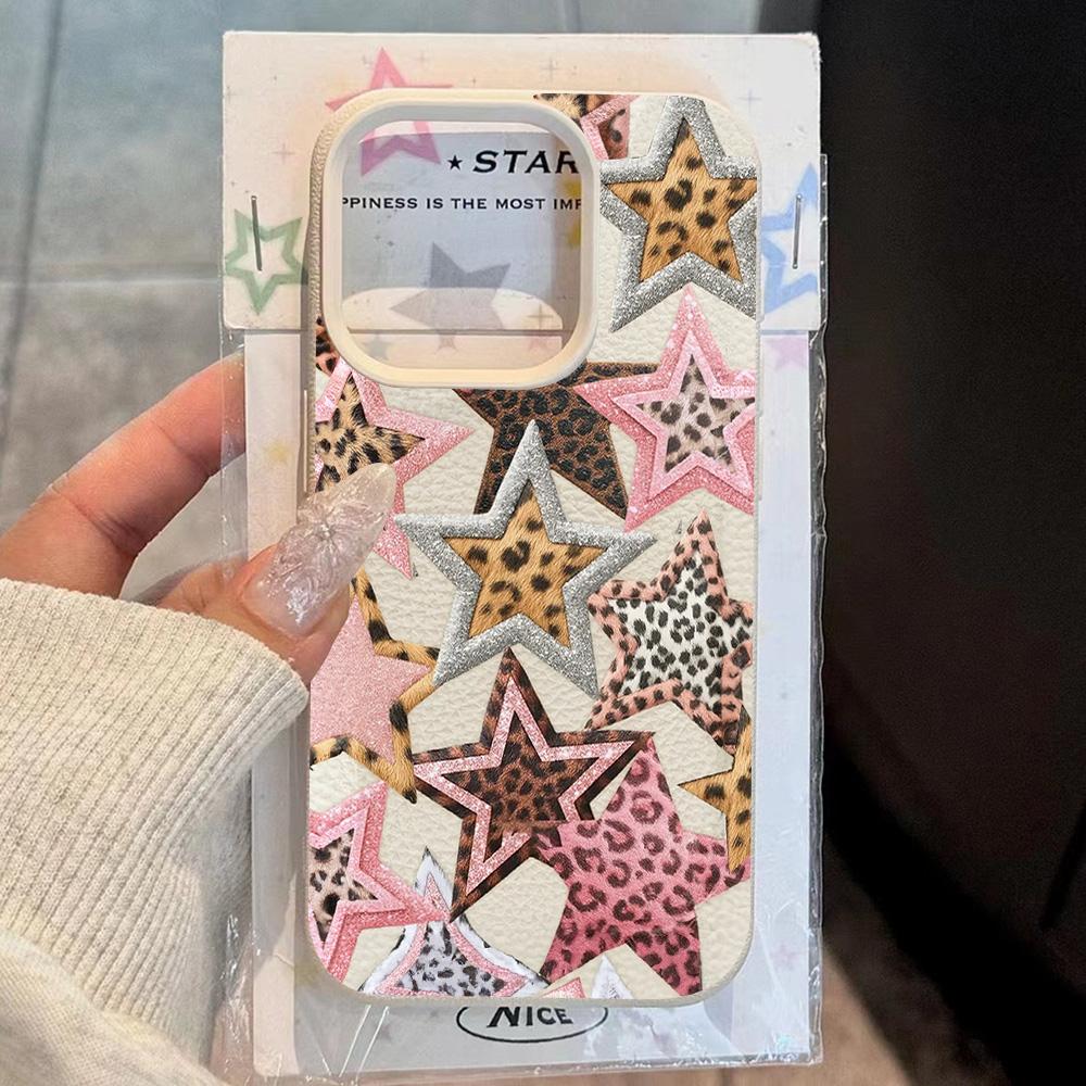 HOT Luxury Ins Colored Star Leopard Lichee Leather Phone Case For iPhone 17 16 15 14 13 12 11 Air Pro Max Plus X XR XSMax