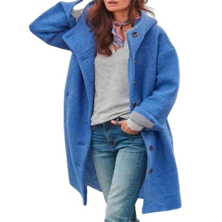 Women Winter Warm Windproof Overcoat Hooded Loose Mid Length Coat Thick Solid Color Windbreaker Long Sleeves Single-breasted Pockets Daily Wear Fall