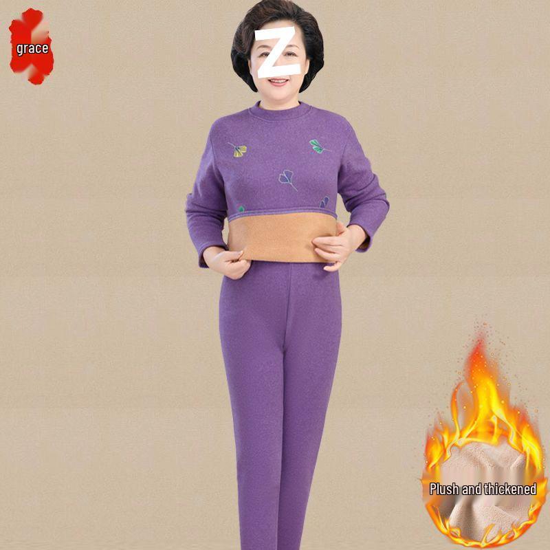 Women's Thermal Set for Elderly: Winter Two-Piece, Warm Velvet-Enhanced Underwear, Thickened Autumn Pants & Top.