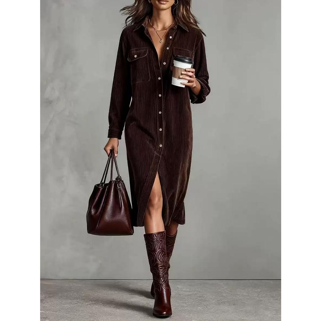 New Solid Corduroy Long Sleeve Lapel Collar Loose Shirt Dress