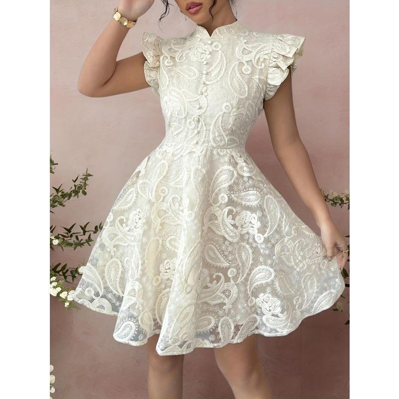 Retro lace stand-up collar small flying sleeve dress women s single-breasted waist elegant literary and retro S