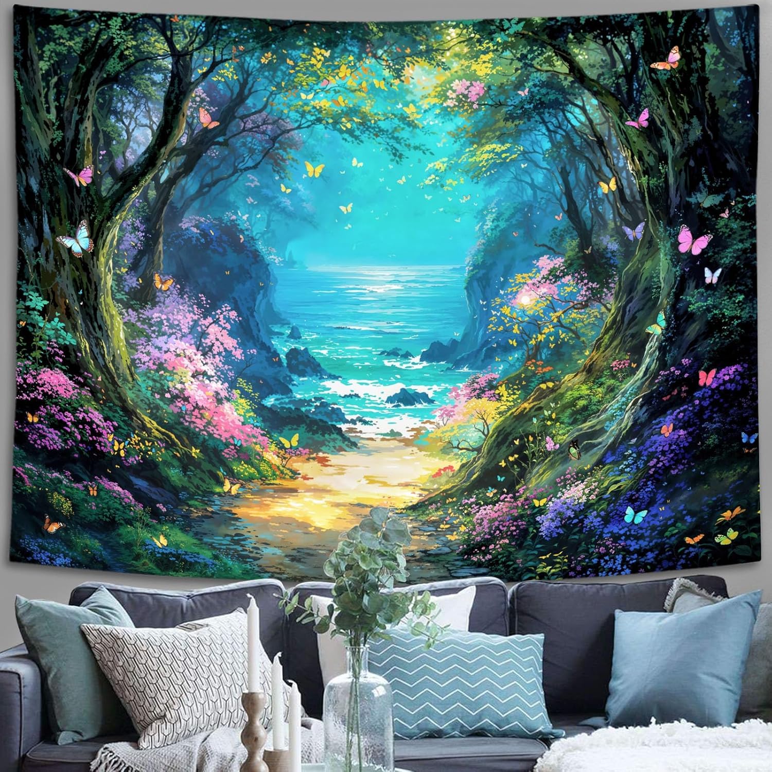 Textilien Unisex Fantasy Forest Ocean Tapestry, Enchanted Garden Butterfly Print Large Wall Hanging For Bedroom Living Room Aesthetic Decor