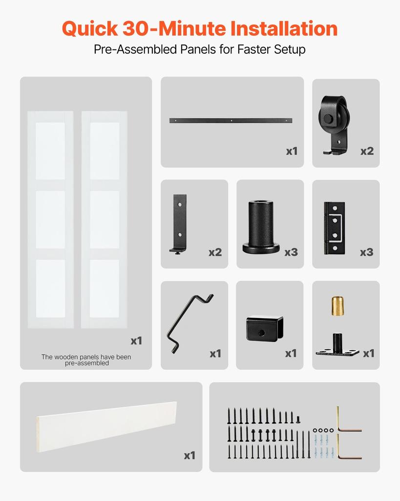Puerta de Granero Plegable Doble, 914 x 2134 mm, MDF con Vidrio Templado Puertas Correderas Plegables Dobles para Armario, Kit de Herrajes Incluido, Diseño Ahorrador de Espacio, Pre-ensamblado