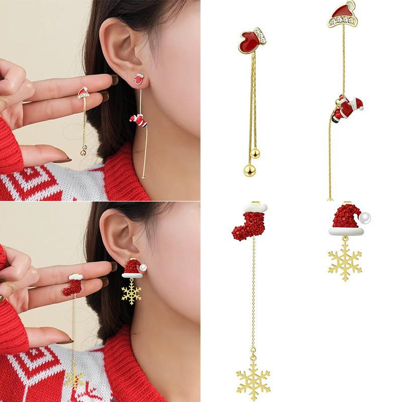 Asymmetrical Christmas Tree & Climbing Santa Earrings with Colorful Inlaid Diamonds for Women