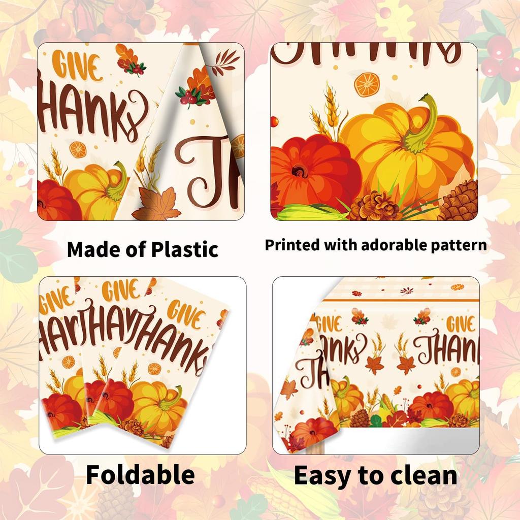 PARSUP 1 Pack Thanksgiving Disposable Tablecloth Party Supplies, Autumn Theme Pumpkin Maple Leaves Fall Tablecloth Plastic Waterproof Tablecover