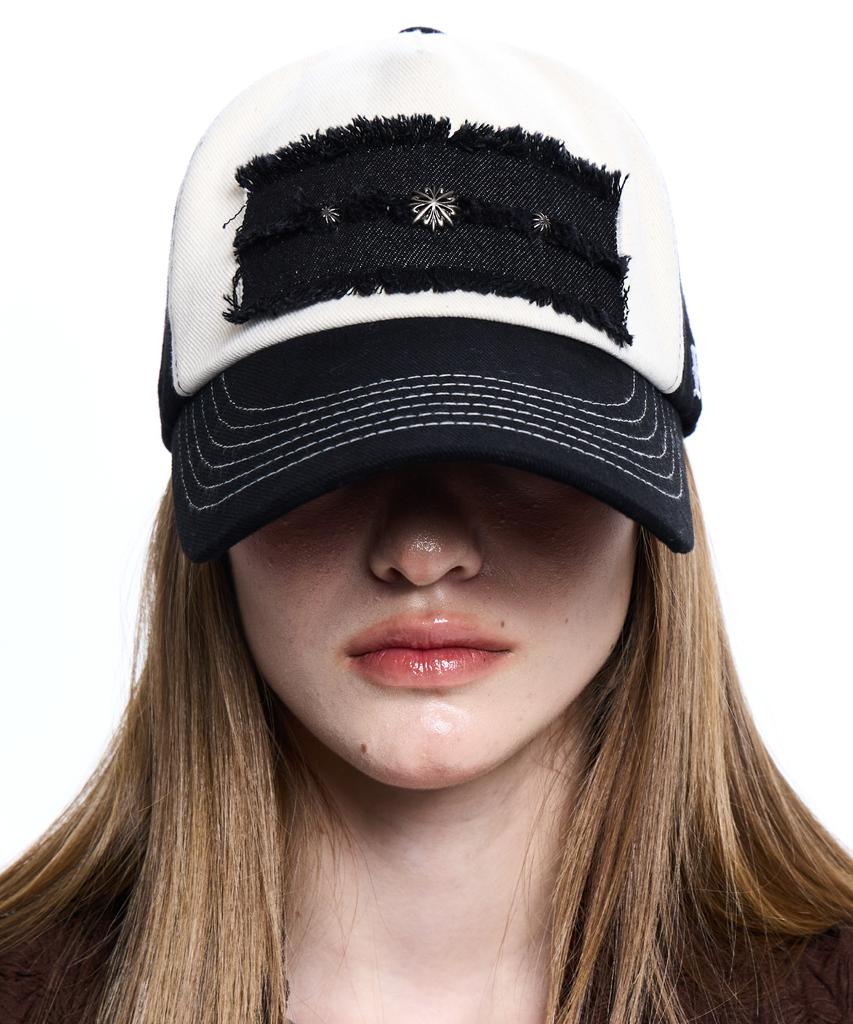 Aleseueseussi Denim Patched Rivet Ball Cap - Black/Ivory