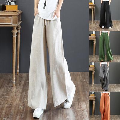 Womens Plain Cotton Linen Baggy Pants Summer Ladies Casual Wide Leg Trousers