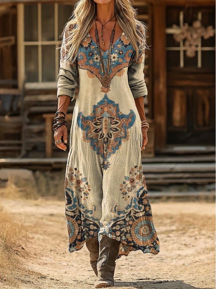 Damen Retro Blumenmuster Langarmkleid - Europäischer & Amerikanischer Stil