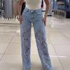 Dames Jeans med blonde-lapper, avslappet baggy rett vidde, denimbukser med middels høy midje, blomstermønster, uthulede jeans