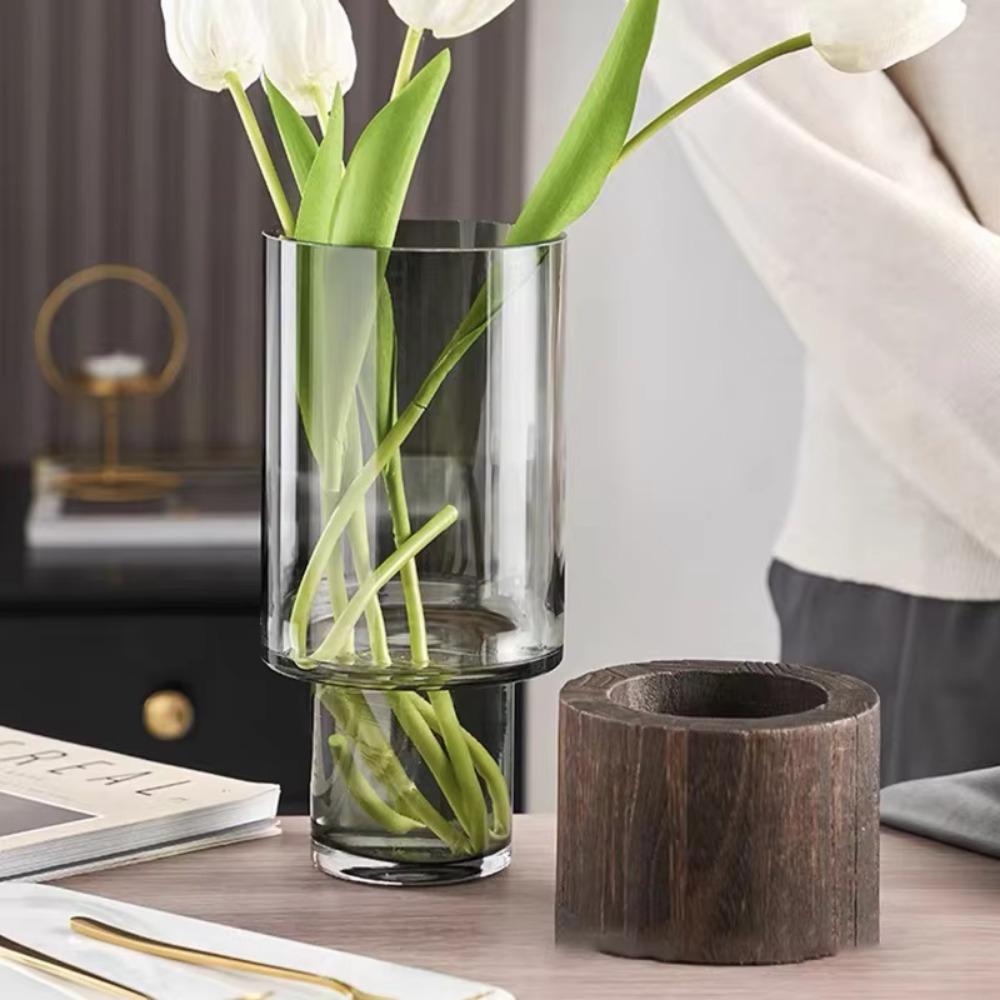 Elegant Transparent Flower Vase Wooden Base Hydroponic Flower Pot Glass Vase Home