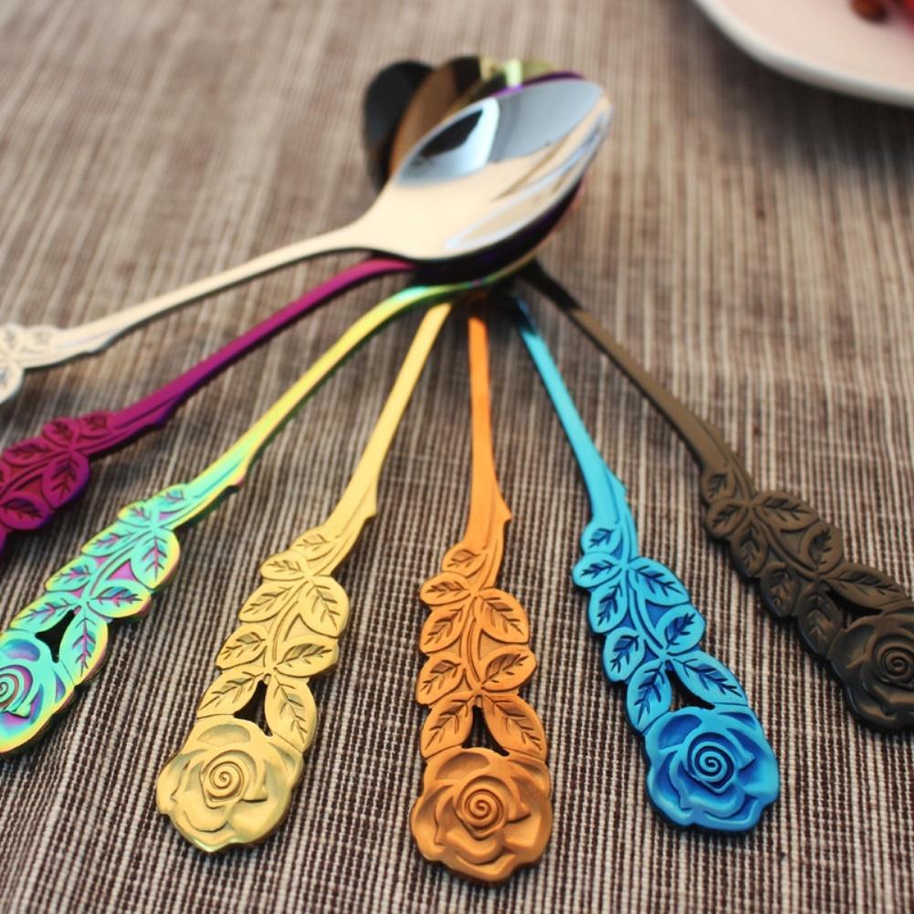 Simpatico cucchiaio in acciaio inossidabile con manico a forma di fiore di rosa, cibo occidentale, dessert, zuppa, caffè, bevanda