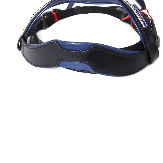 Patent Leather Dressage Bridle, 3 Row Brow-Band, Blue Padding.