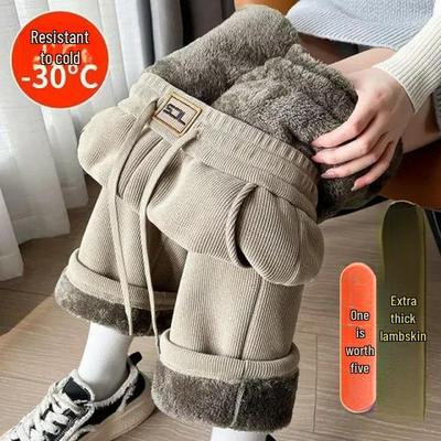Women's Plush Lambskin Chenille Wide-Leg Pants - Extra Thick, High Waist, Casual Autumn/Winter Wear
