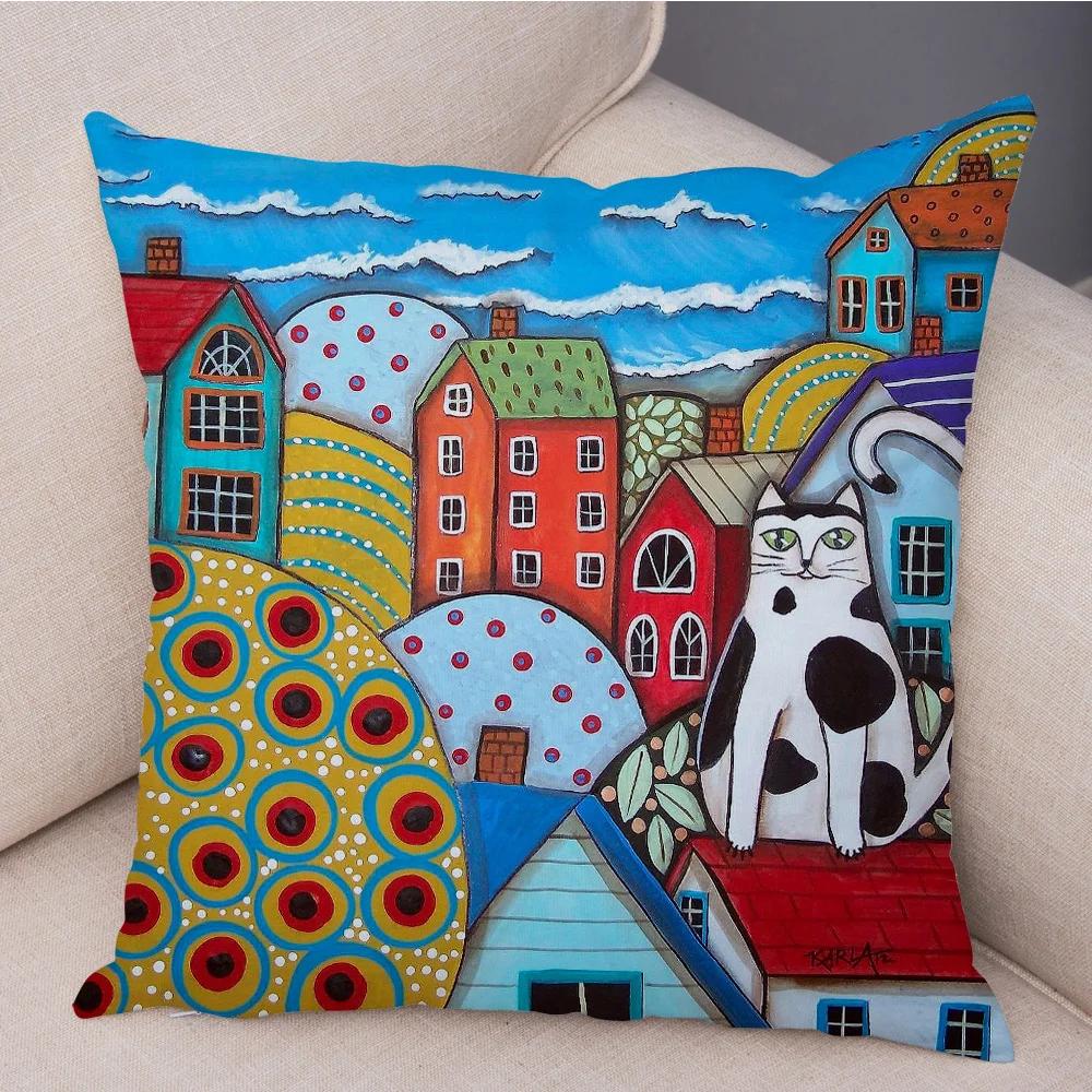 Retro Ländliche Farbe Städte Kissenbezug für Sofa Heim Auto Dekor Bunt Cartoon Haus Kissenbezug Baum Kurzplüsch Kissenbezug 16x16Inch