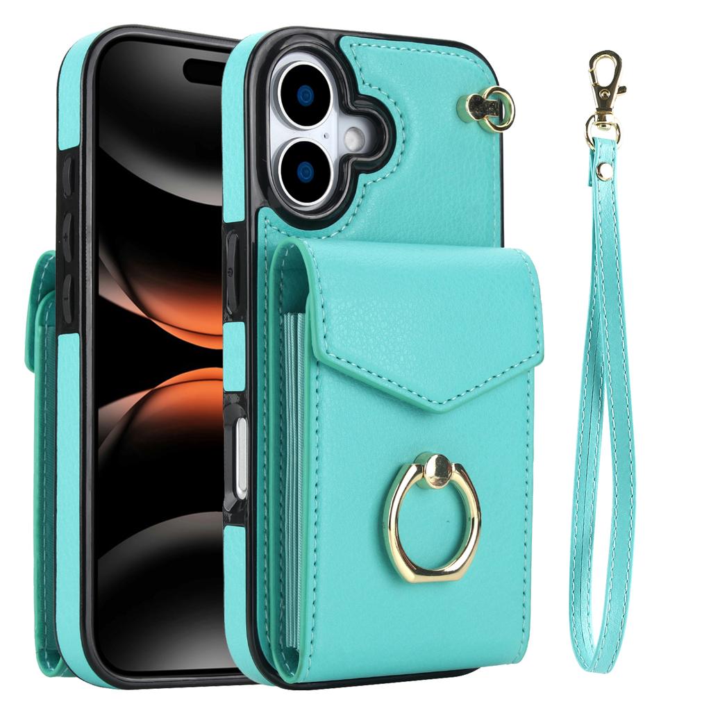 For iPhone 17 Case Leather + TPU Accordion Card Bag Phone Cover with Ring Kickstand