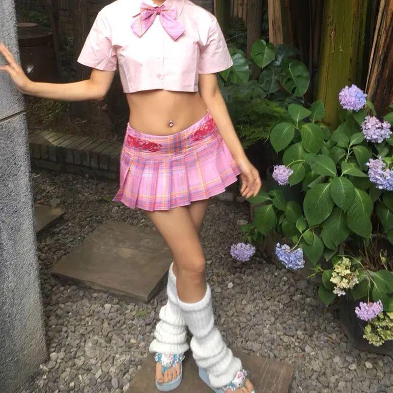 Preppy Style Pink Plaid Mini Skirts Women American Retro Y2k Kawaii Streetwear Embroidery A Line Skirts E-girl